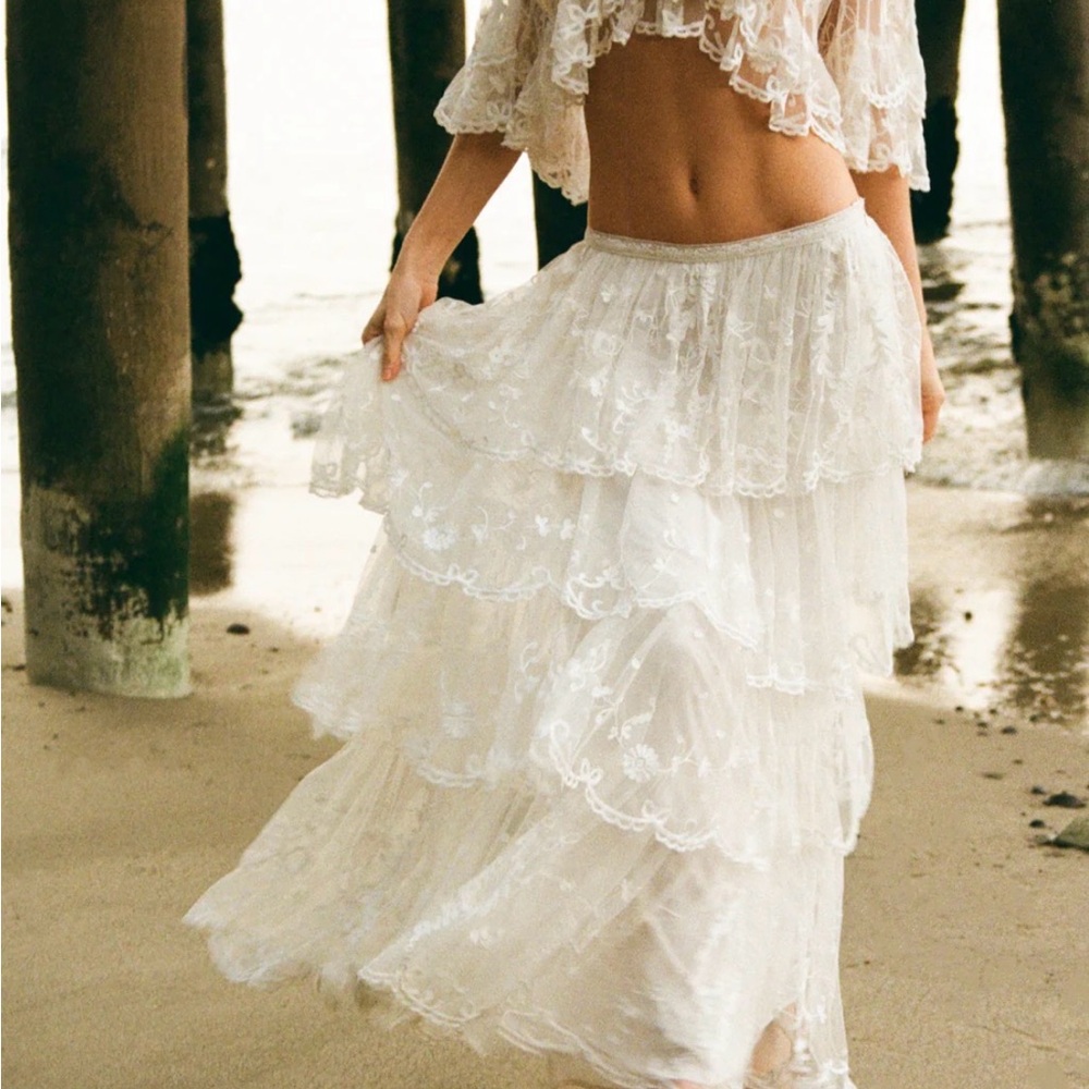 LoveShackFancy Ivory Tiered Lace Maxi Skirt